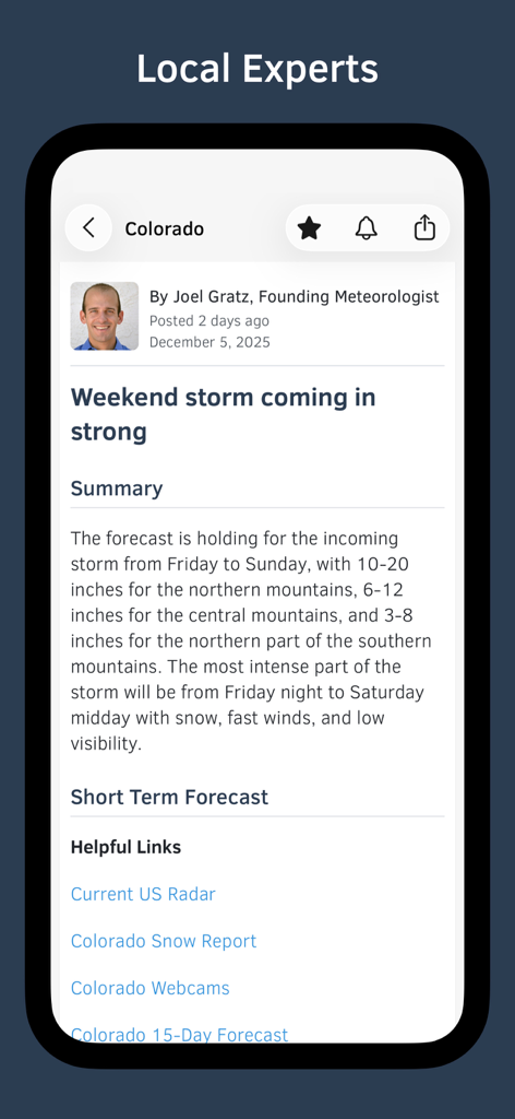 Pantalla de la aplicación OpenSnow que muestra un pronóstico de nieve diario para Colorado escrito por un meteorólogo local.