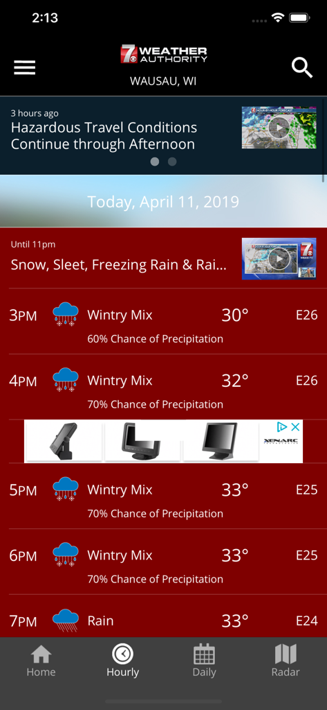 WSAW First Alert Weather app hourly forecast for Wausau Wisconsin showing wintry mix conditions.