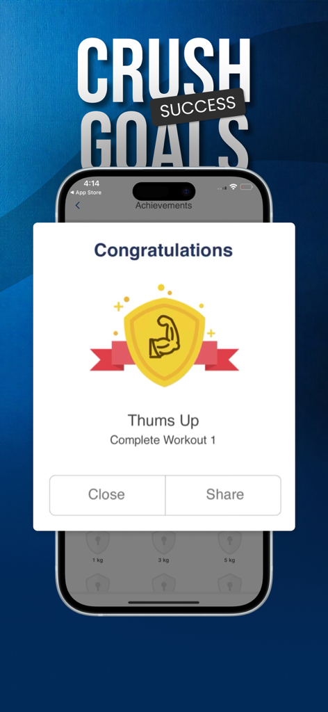 Achievement screen in the Marathon Training app showing a gold trophy badge for completing the first workout