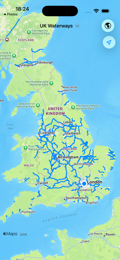 Übersicht über das britische Kanal- und Flussnetz in der UK Waterways Map App