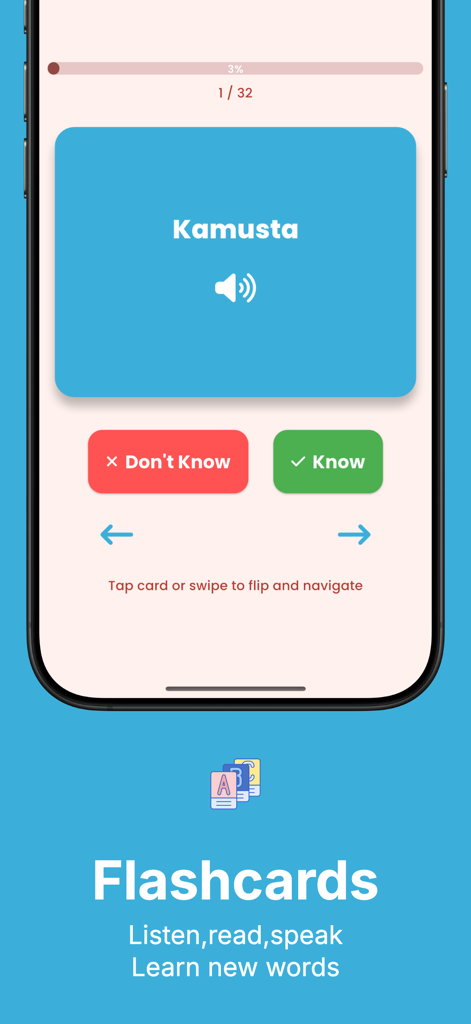 Interface de aplicativo móvel para aprender tagalo com flashcards apresentando a palavra Kamusta.