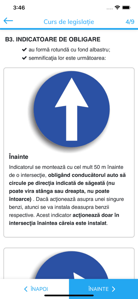 Una pantalla de una aplicación de examen de conducir rumano que muestra una señal de tráfico obligatoria con una flecha hacia arriba y texto de legislación.