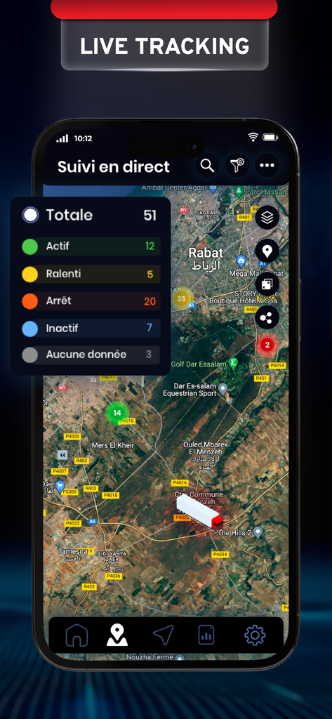 STG Fleet Mobile - Interface de l'application STG Fleet Mobile montrant le suivi des véhicules en temps réel et l'état de la flotte sur une carte
