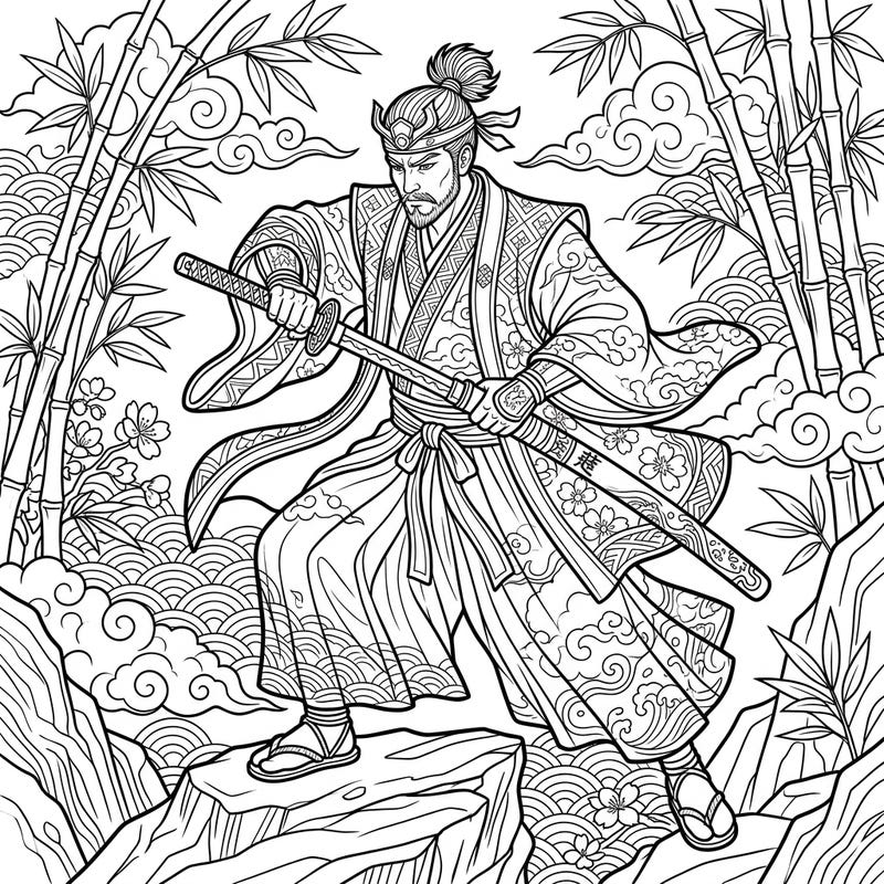Step into the world of legendary Japanese warriors with this captivating Kensei Sword Saint coloring page. Featuring a master swordsman in a powerful stance amidst intricate traditional Japanese scenery, it offers a truly engaging coloring experience.