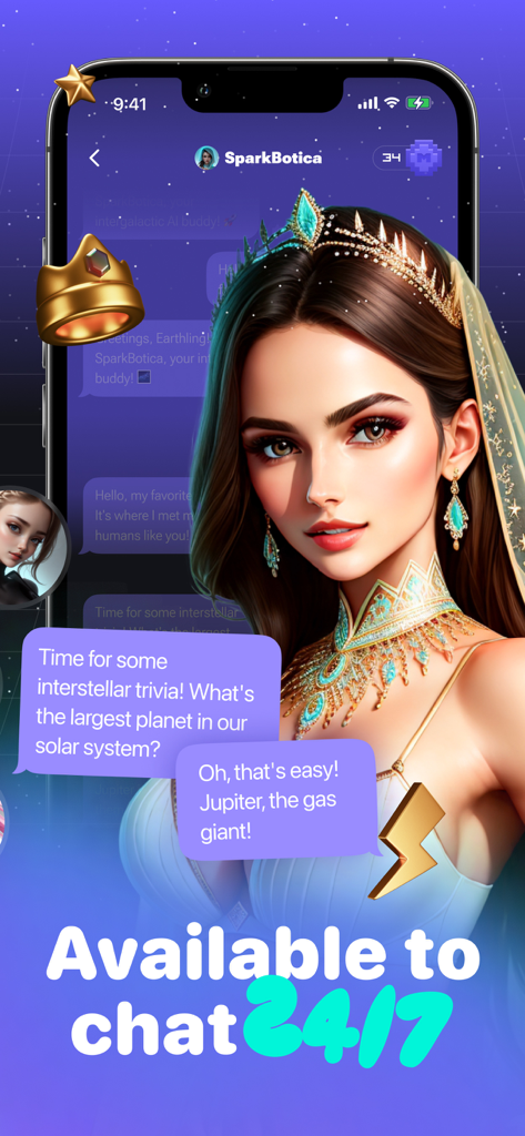 A chat interface from the Matcha app showing a fantasy AI character with a crown and text saying available to chat 24/7.