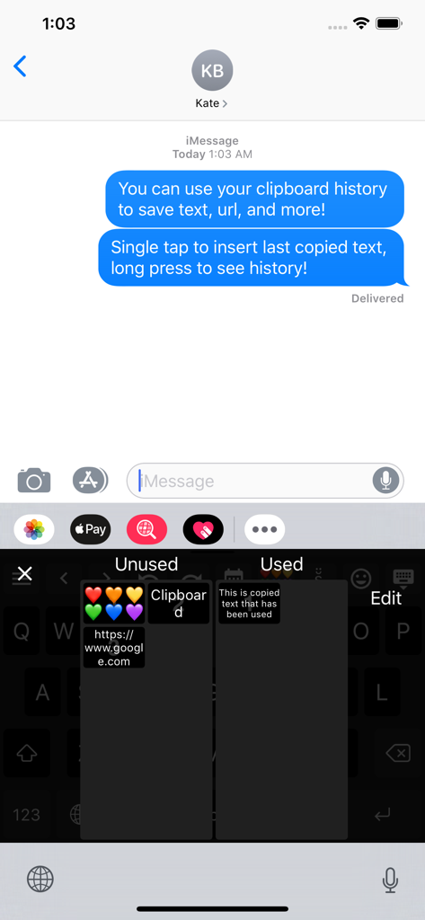 Slyder - Teclado Slyder mostrando o recurso de histórico da área de transferência com trechos de texto usados e não usados.