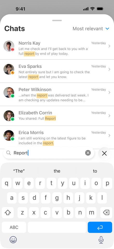 Recurso de pesquisa de chat do HCL Sametime exibindo resultados para uma palavra-chave específica em mensagens corporativas.