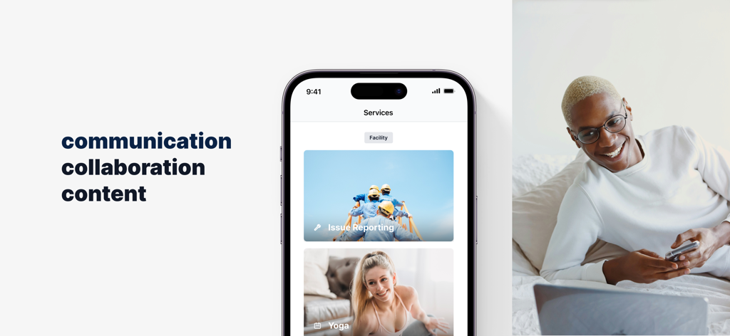 Greystar Europe - Greystar Europe resident app showing service options for maintenance reporting and yoga events.