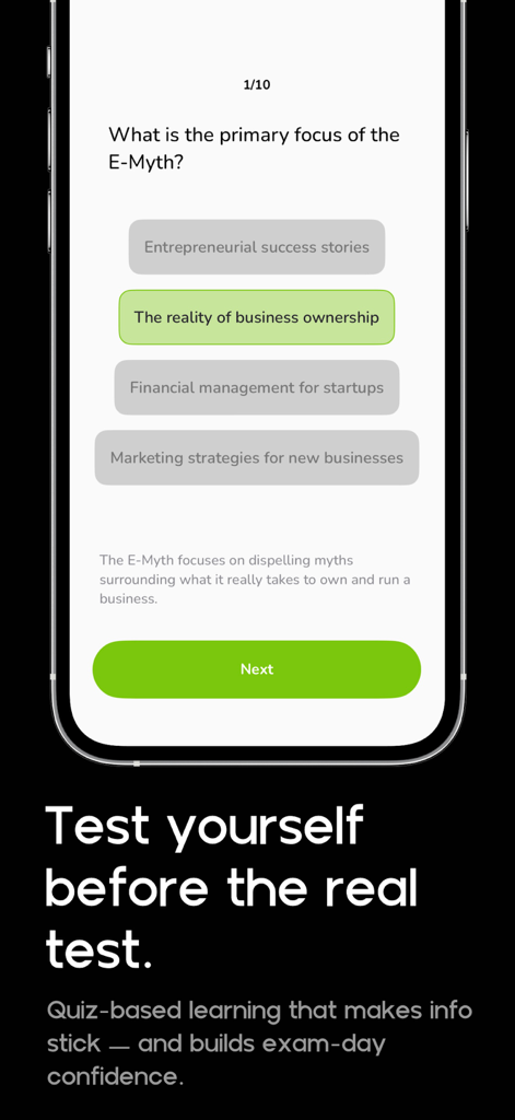 Exam planner: Study easy - A quiz screen within the Exam Planner app showing a multiple choice question with a correct answer highlighted in green.
