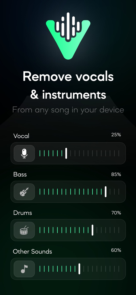 AI Vocyアプリのインターフェース。曲からボーカル、ベース、ドラムを分離するためのスライダーが表示されている。