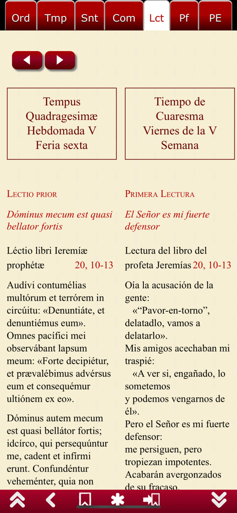 Missale Romanum app interface showing bilingual liturgical readings in Latin and Spanish parallel columns