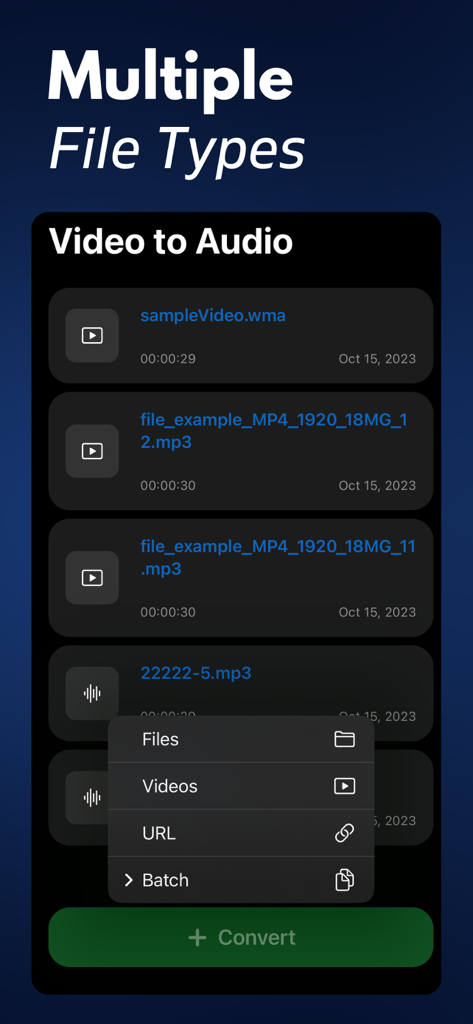 Video to Audio: MP3 Converter+ - Interface of the Video to Audio app showing a list of media files and a menu with conversion options for files, videos, and URLs.