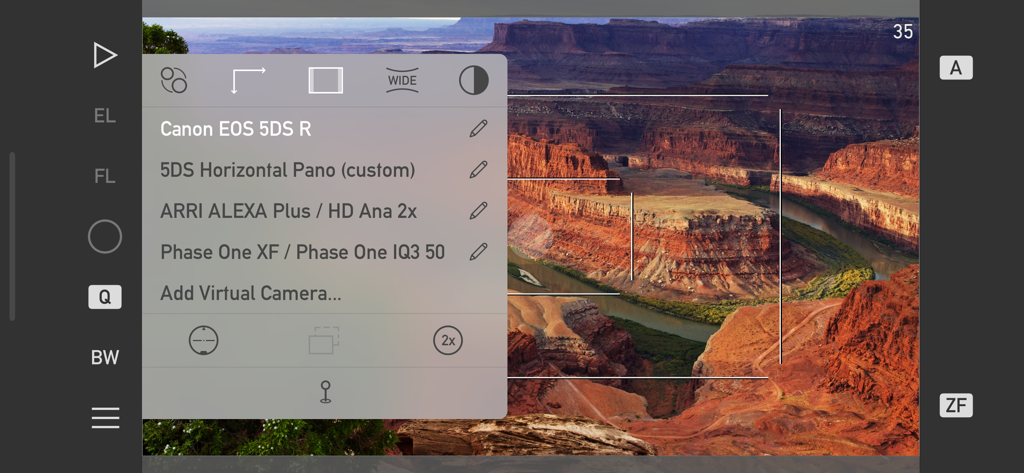 Mark II Artist's Viewfinder - Mark II Artist's Viewfinder app interface showing a list of professional camera simulations like Canon EOS 5DS R and ARRI ALEXA over a canyon landscape.