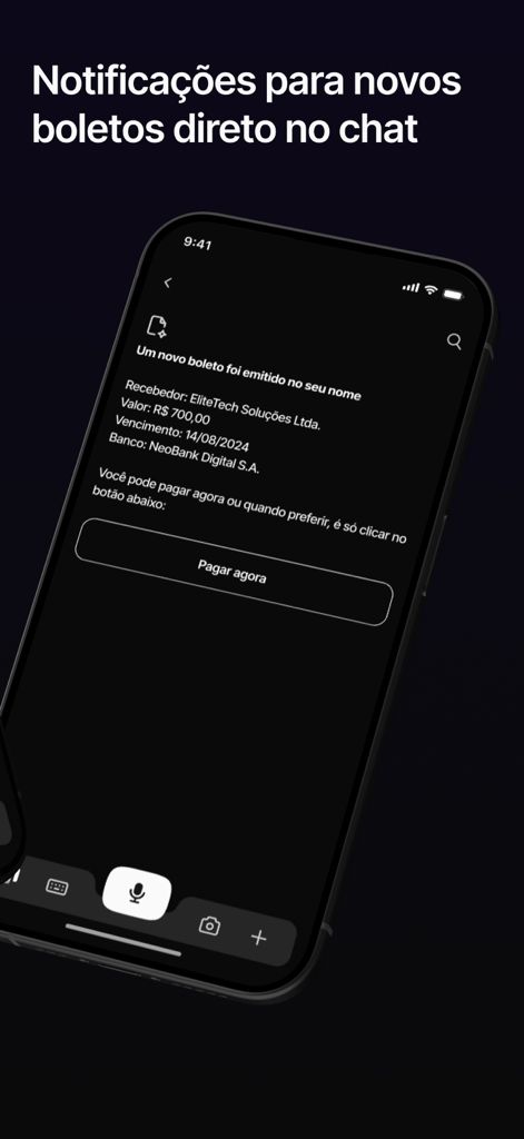 Max: Banco digital 100% por IA - Mobile screen showing the Max AI banking app interface with a bill payment notification and a pay now button in a chat window.