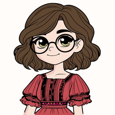 one girl with medium short hair, which are wavy. she has round glasses. she wears a latina outfit.
