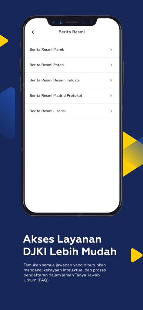 Portal DJKI - Smartphone screen of Portal DJKI app displaying official news categories for trademarks and patents