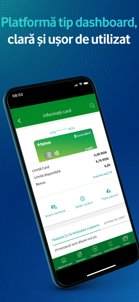 Garanti BBVA Romania - Garanti BBVA Romania mobile app dashboard showing Bonus card details and financial management options