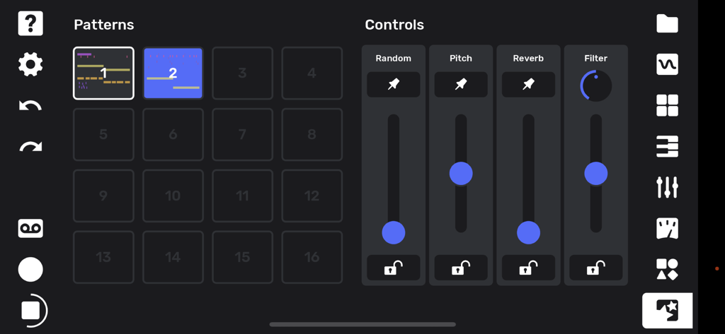 Flip Sampler - Flip Sampler app performance screen showing pattern grids and sliding controls for audio effects like pitch and reverb