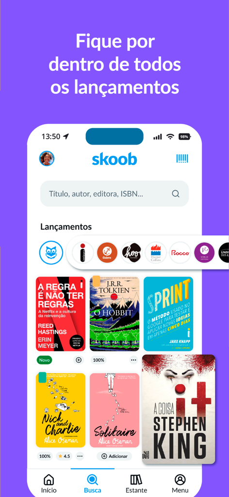 Skoob - Organize suas leituras - Skoob app interface showing the search screen with a list of new book releases and publisher icons