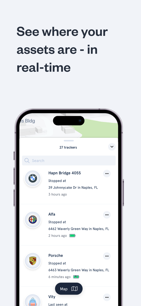 Hapn GPS - Hapn GPS mobile app dashboard showing real time locations and status for multiple tracked vehicles including luxury cars