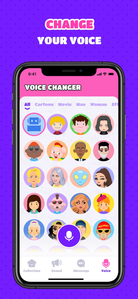 Interface of a voice changer app with various character filters and a microphone button