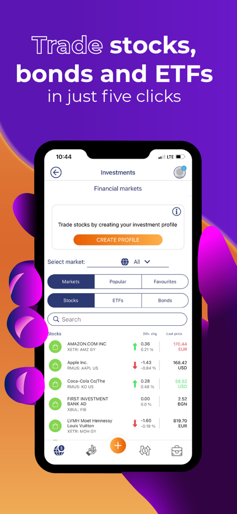 Interfaz de la aplicación móvil MyFin para operar con acciones, bonos y ETFs
