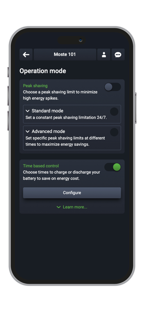 Smart Grid Connect - Tela do aplicativo Smart Grid Connect mostrando modos de operação de energia, incluindo corte de pico e controle baseado em tempo