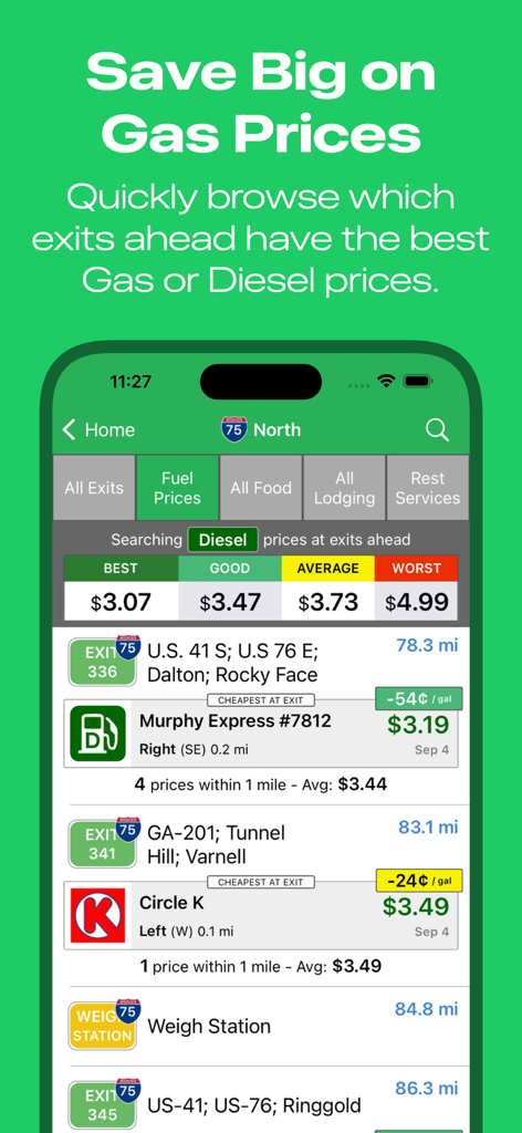 iExit Interstate Exit Guide - Screenshot of the iExit app showing a list of gas stations and fuel prices at upcoming interstate exits.