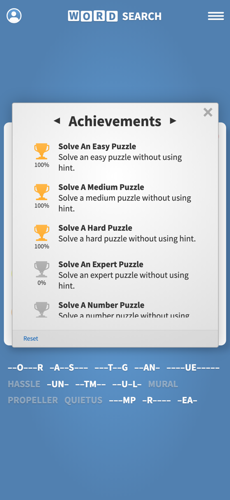 Word Search Puzzles ·· - Achievements screen in Word Search Puzzles app showing completion status for various difficulty levels