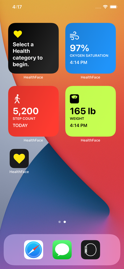 HealthFace - iPhone home screen with health tracking widgets for steps weight and oxygen saturation