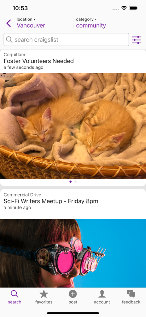 Craigslist mobile app community screen with local listings for volunteers and interest groups