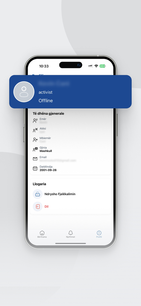 Mundësia - Profile screen of the Mundesia app displaying user information and account management options