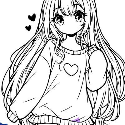 sweet cute anime girl with long hair in cute sweatshirt