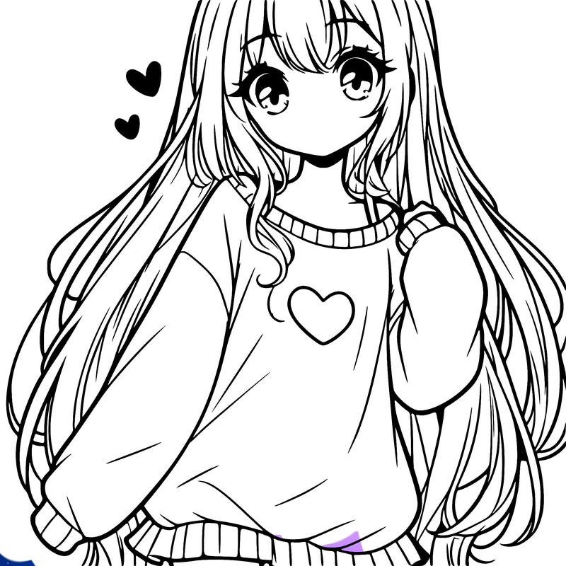 sweet cute anime girl with long hair in cute sweatshirt