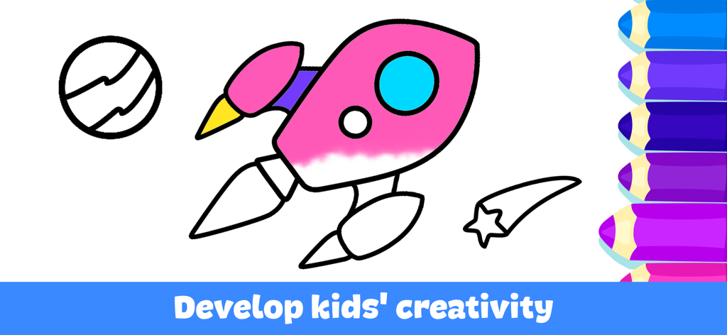 Bambini che colorano un razzo in un gioco educativo per sviluppare la creatività