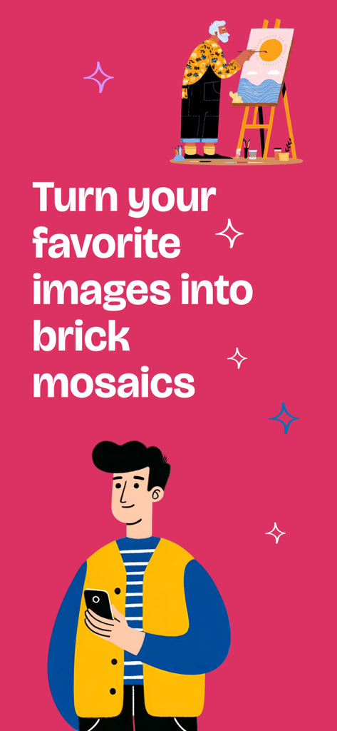Brickart - Tela de marketing do aplicativo Brickart explicando como transformar imagens favoritas em mosaicos de blocos com ilustrações coloridas.
