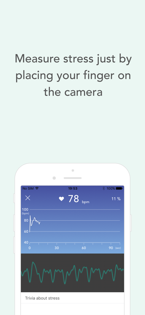StressScan - check your stress - StressScan Mobile App-Oberfläche zeigt einen Herzfrequenzgraphen und eine Pulsformwelle zur Stressmessung