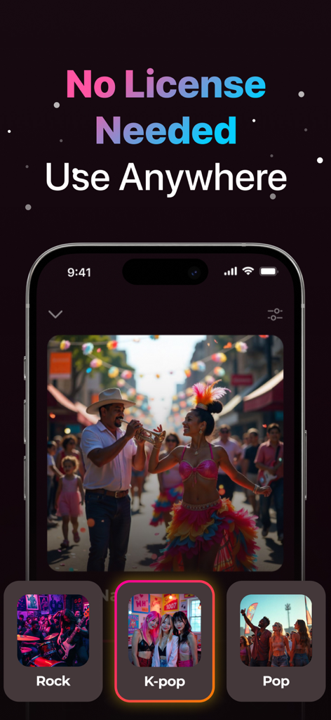 Harmo: Generator Music Song AI - Harmo AI music app interface showing genre selection for Rock K-pop and Pop with text highlighting license free usage