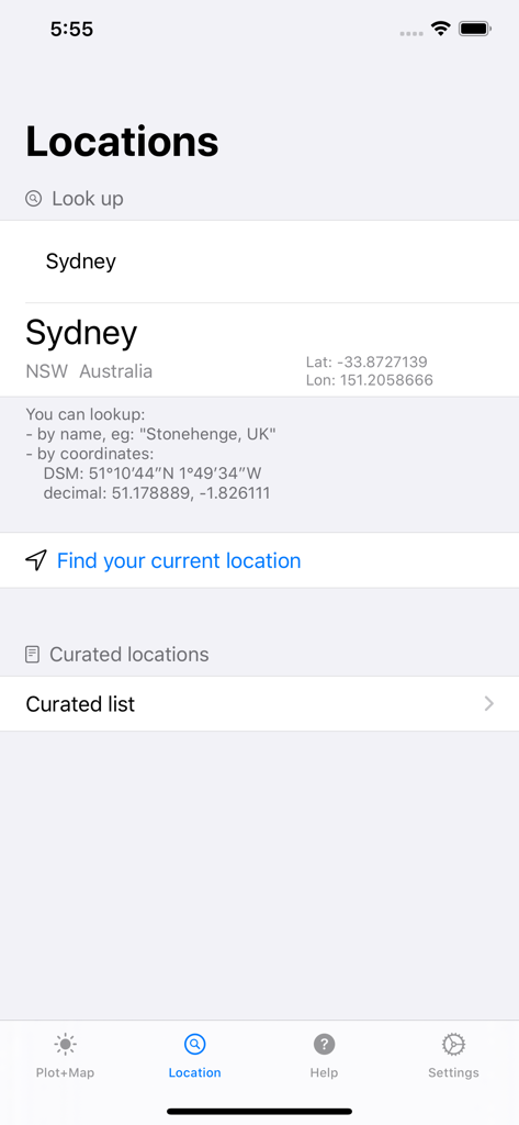Sun Focus - Location search screen in Sun Focus app showing coordinates for Sydney and a curated list of sites