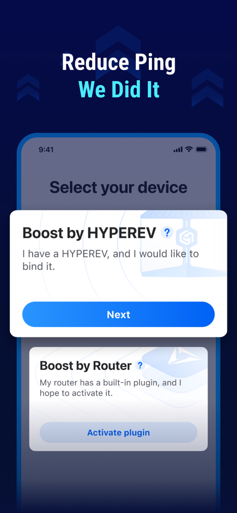 GearUP Router app interface showing options to select between HYPEREV hardware binding or built-in router plugin activation.