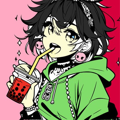 hot baddie anime girl drinking boba and biting the straw