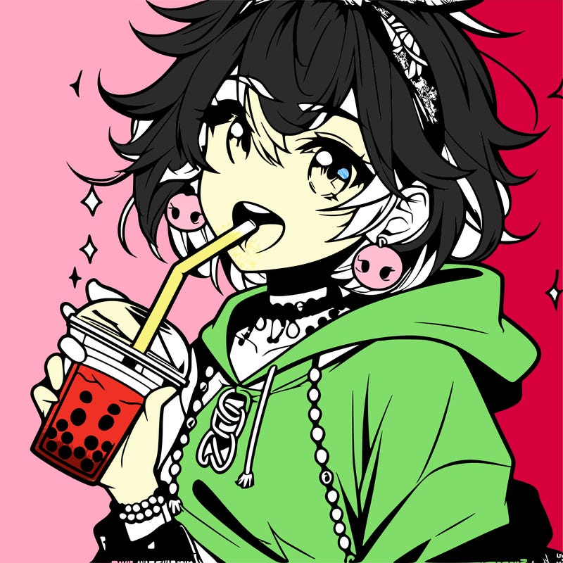 hot baddie anime girl drinking boba and biting the straw