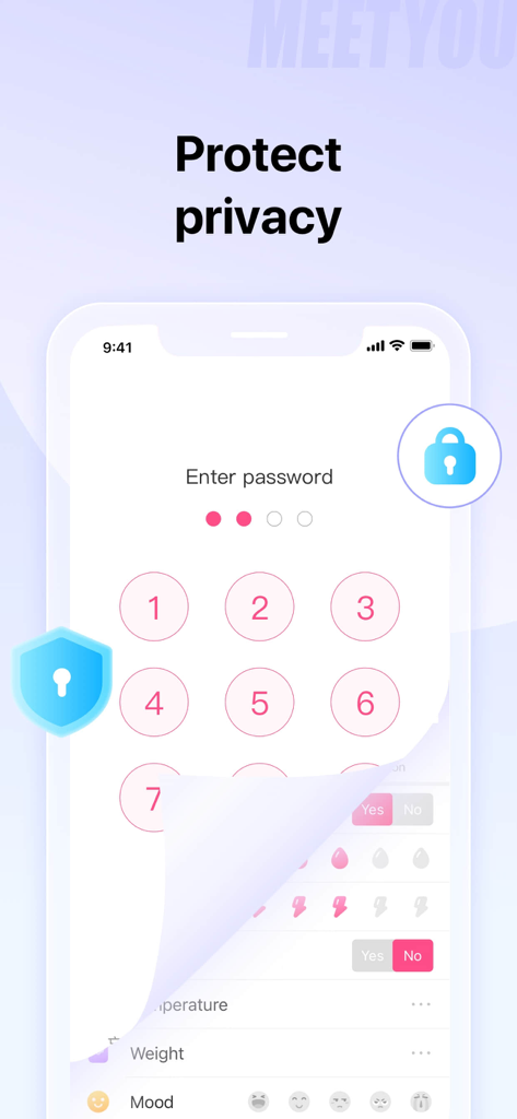 Pantalla de protección de contraseña de la aplicación rastreadora de período MeetYou que muestra un teclado PIN e íconos de bloqueo
