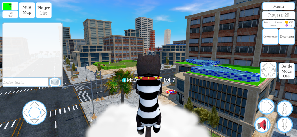 Cute Cat And Puppy World - A black and white cat character flying over an open world city in the Cute Cat And Puppy World mobile game