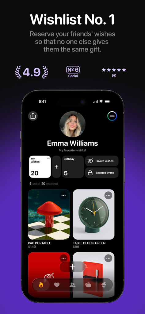 Ohmywishes: Wishlists & Gifts - Un écran de smartphone montrant l'interface de l'application Ohmywishes avec un profil utilisateur et une liste de souhaits organisée d'articles cadeaux.