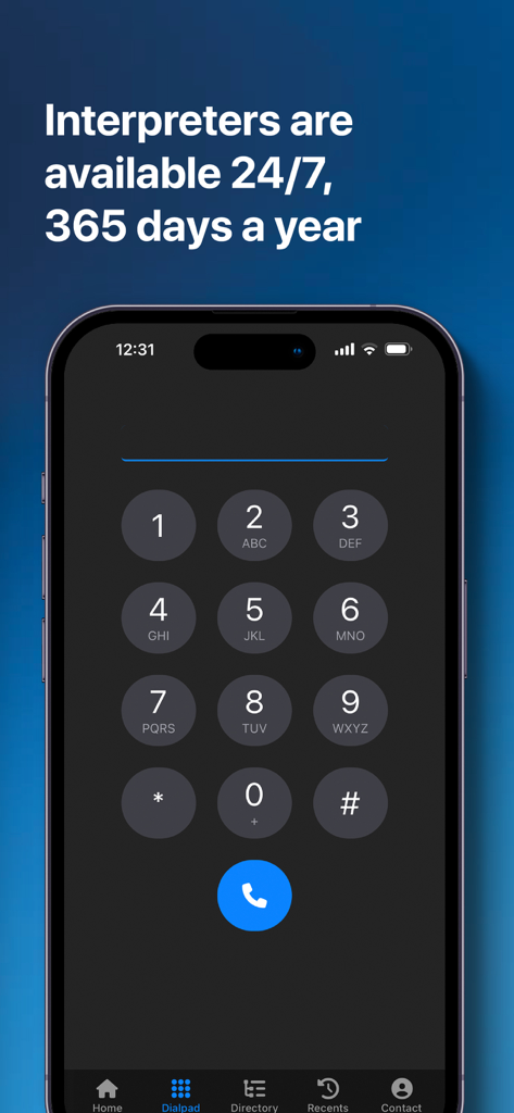 SignWow app interface showing a phone dialpad and a message about 24/7 interpreter availability for BSL users.