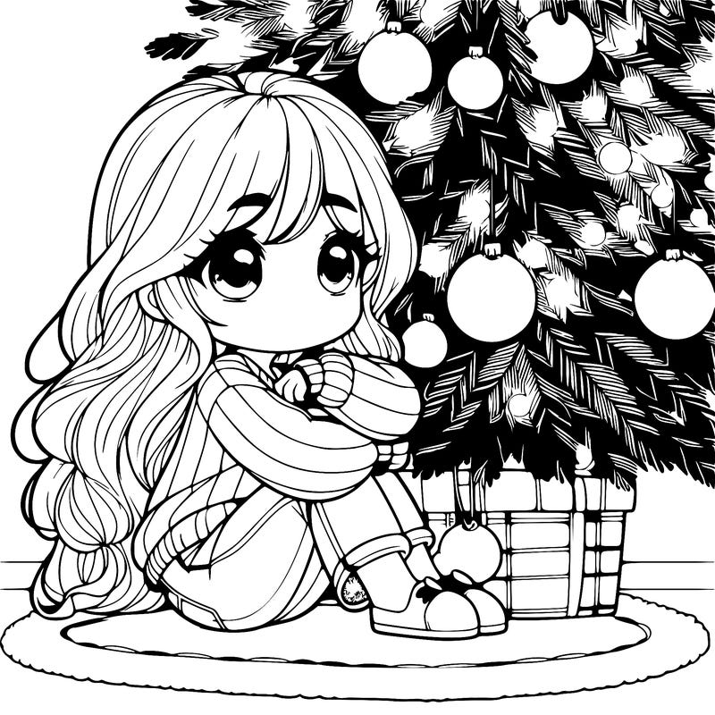 realistic girl under a christmas tree