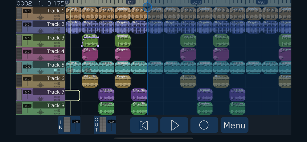 MultiTrack DAW interface showing eight audio tracks with colored waveform regions and recording controls