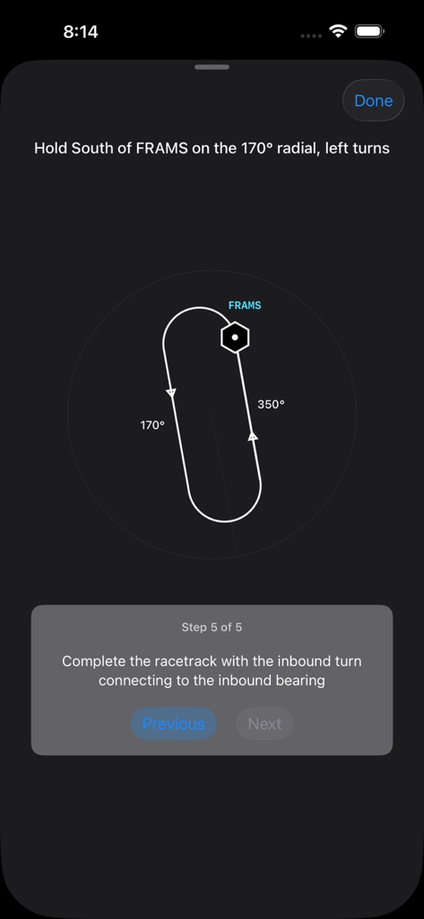 ATC Training: Pilot Comms - Une capture d'écran d'une application de formation de pilote affichant un exercice de circuit d'attente sur un radial de 170 degrés avec un diagramme en piste d'athlétisme.