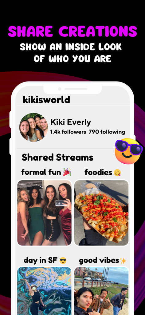 MoodStream app user profile showing shared photo dump categories like foodies and formal fun